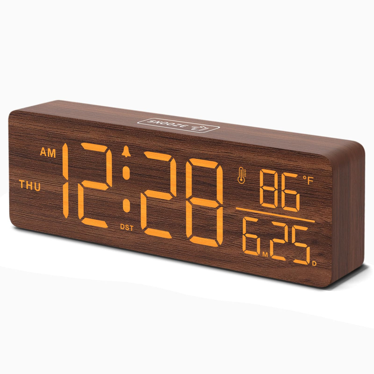 DreamSky wooden digital alarm clock with a large display for easy bedside viewing.