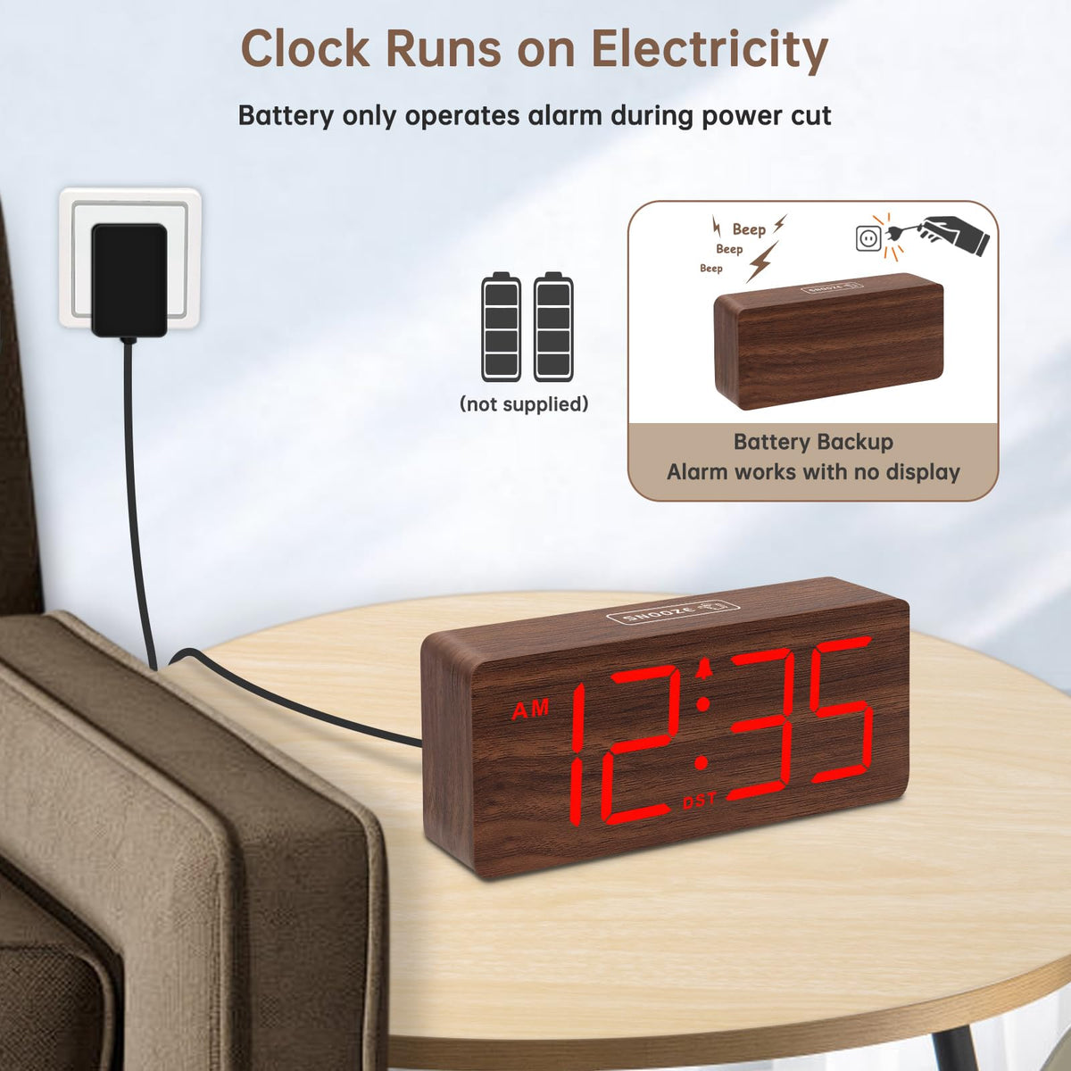 DreamSky wooden clock display close-up showing dimmer option for comfortable night viewing.