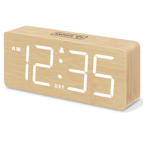 DreamSky wooden digital alarm clock with large numbers for easy viewing across the room.