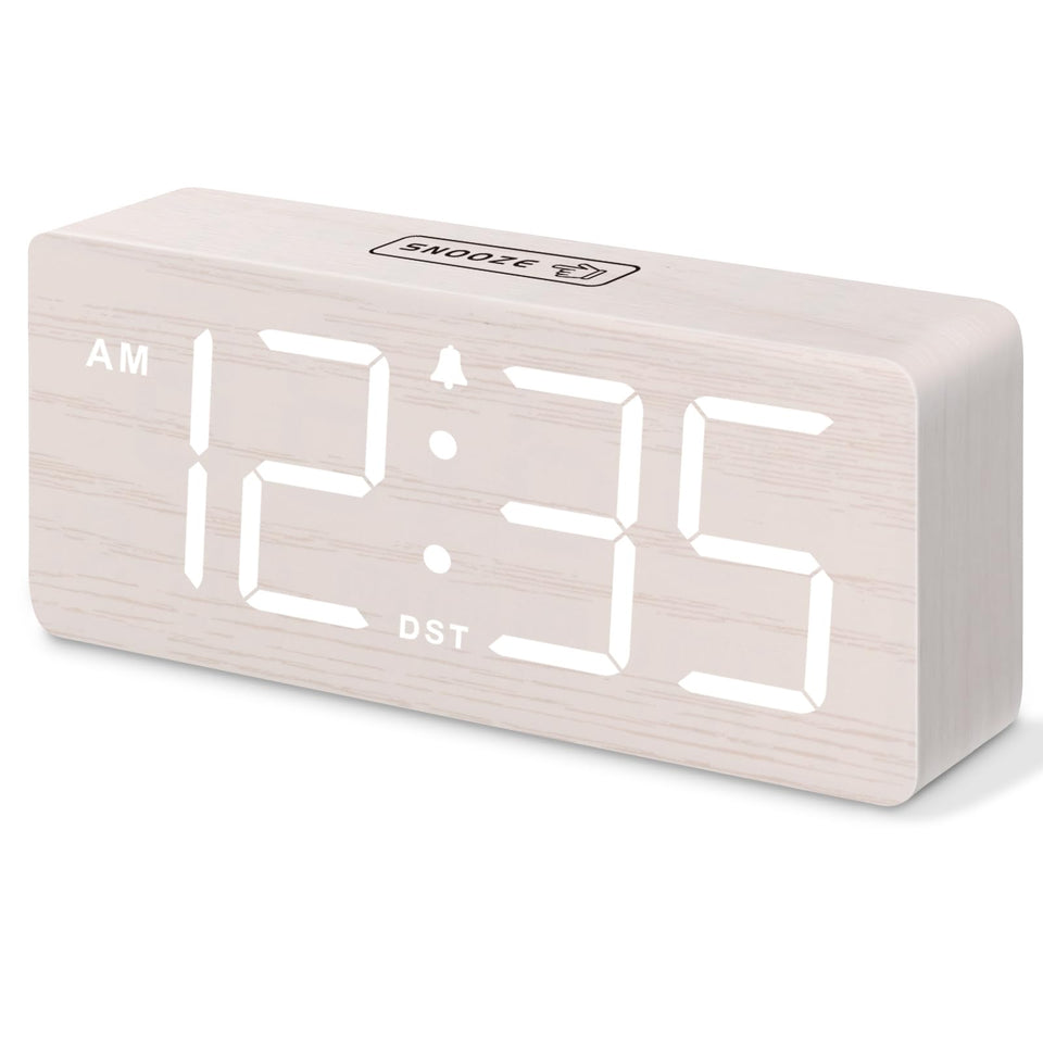DreamSky wooden alarm clock with large numbers for easy bedside viewing.