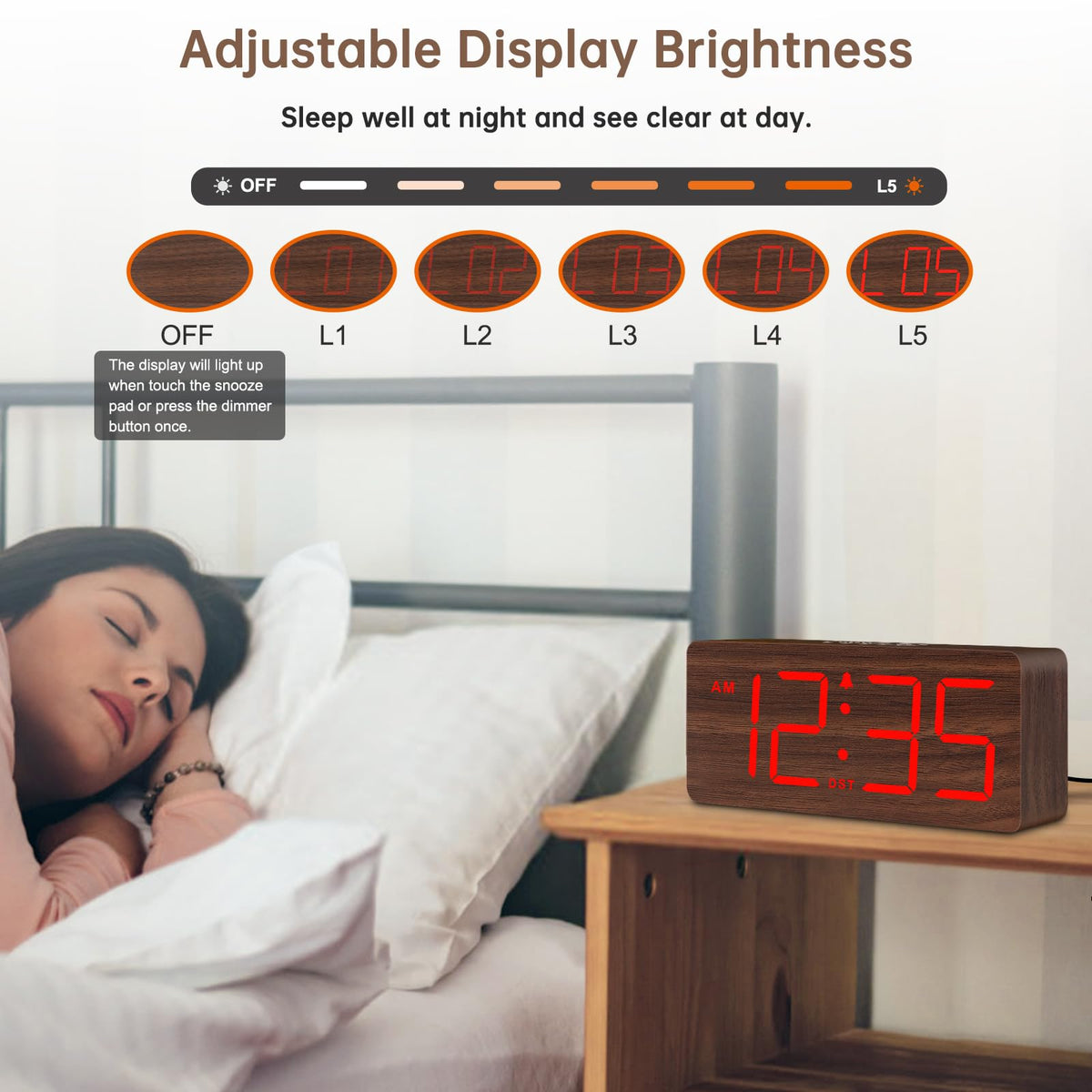 DreamSky wooden alarm clock DST and 12/24-hour mode for easy time reading.