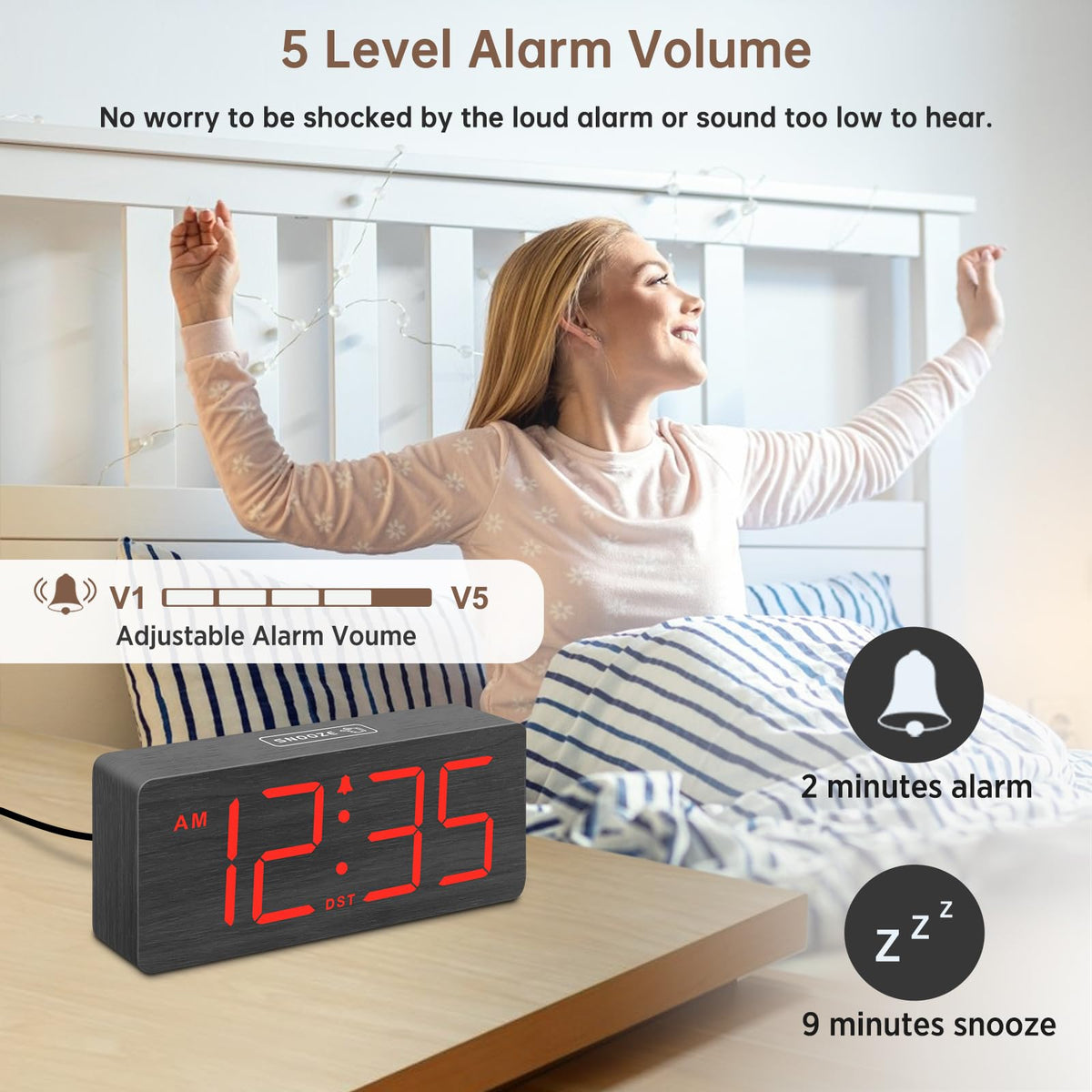 DreamSky alarm clock delivers a loud alarm up to 105 dB for heavy sleepers.