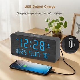 DreamSky wooden alarm clock with memory battery preserves settings during power outages