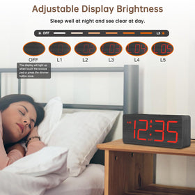 DreamSky wooden alarm clock plugged in for a stable time display.