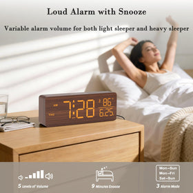 DreamSky wooden alarm clock provides room temperature at a glance for comfort.