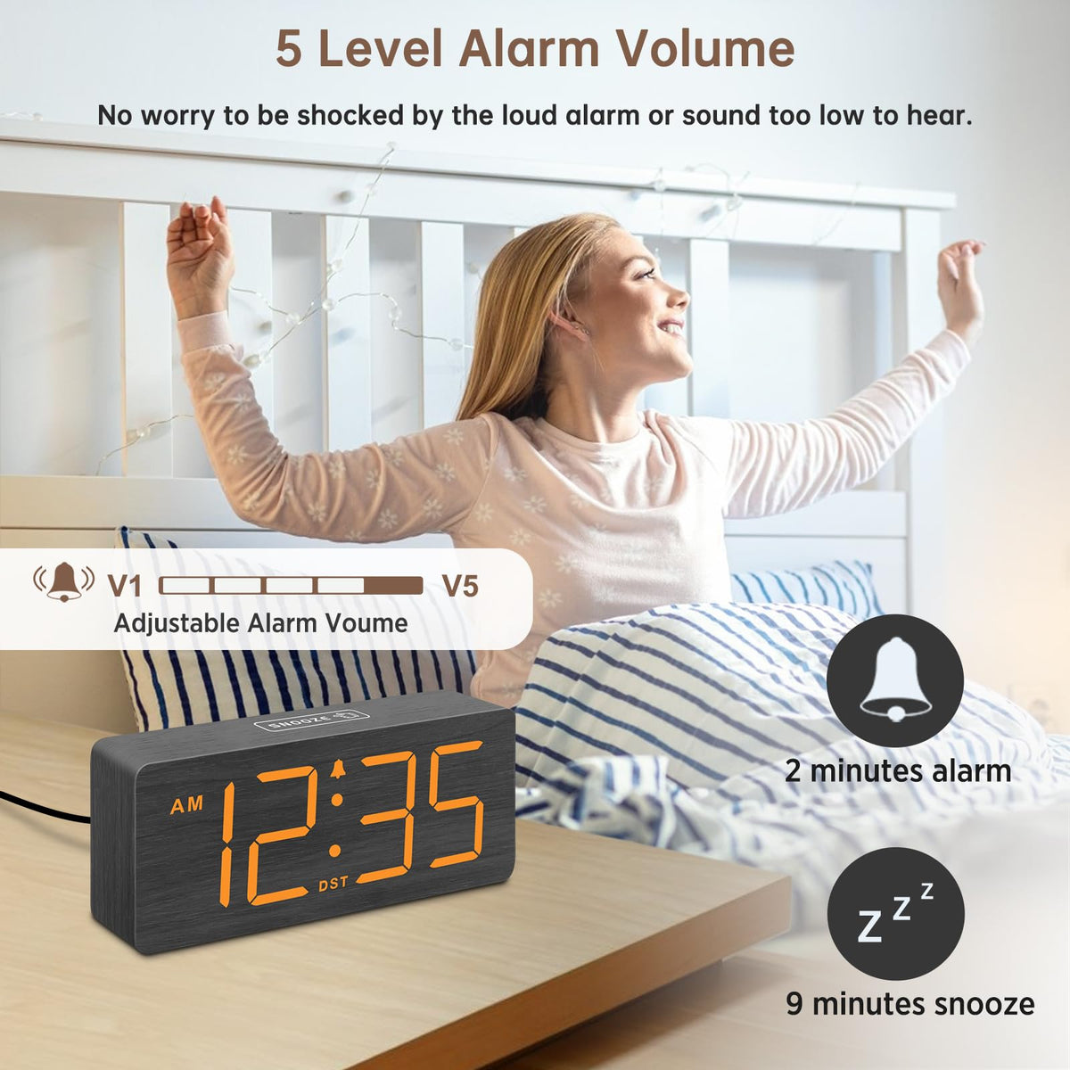 DreamSky wooden alarm clock with loud volume and snooze helps heavy sleepers wake more reliably.