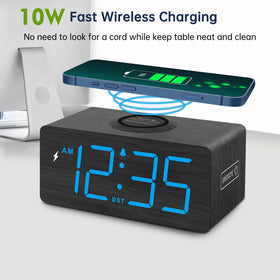 DreamSky wooden alarm clock shown with wireless charger dock for two-device setup.