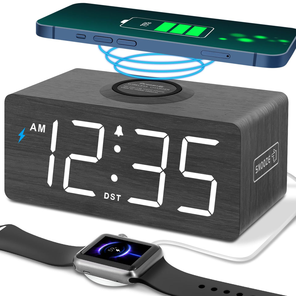 DreamSky wooden alarm clock with wireless charger on bedside table, modern and tidy.