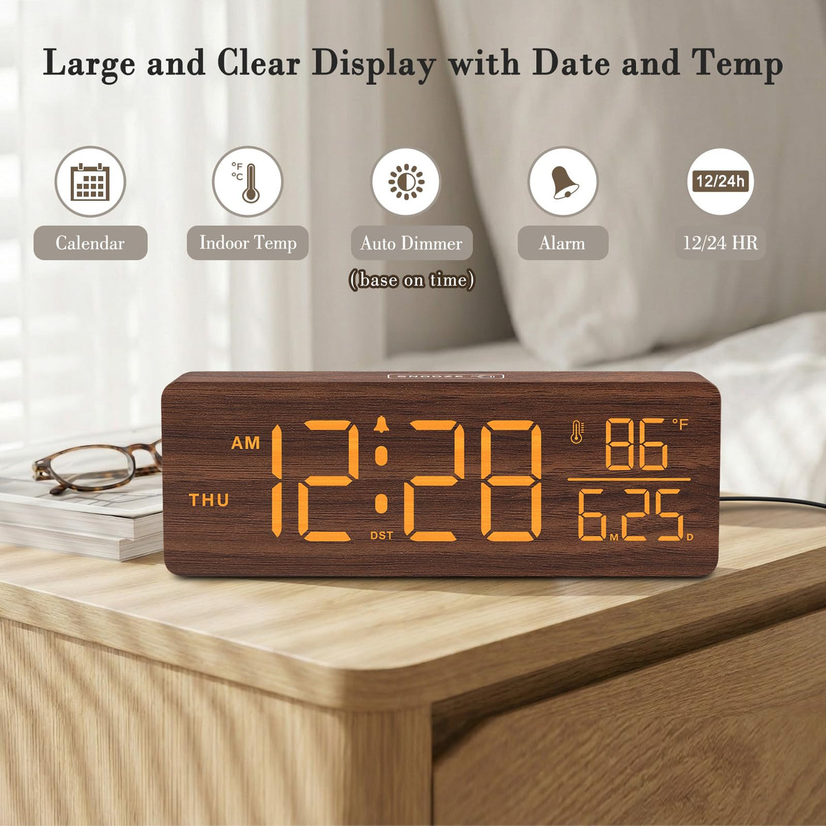 DreamSky wooden digital clock shows date and day for quick daily planning.