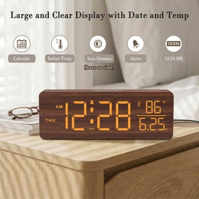 DreamSky wooden digital clock shows date and day for quick daily planning.