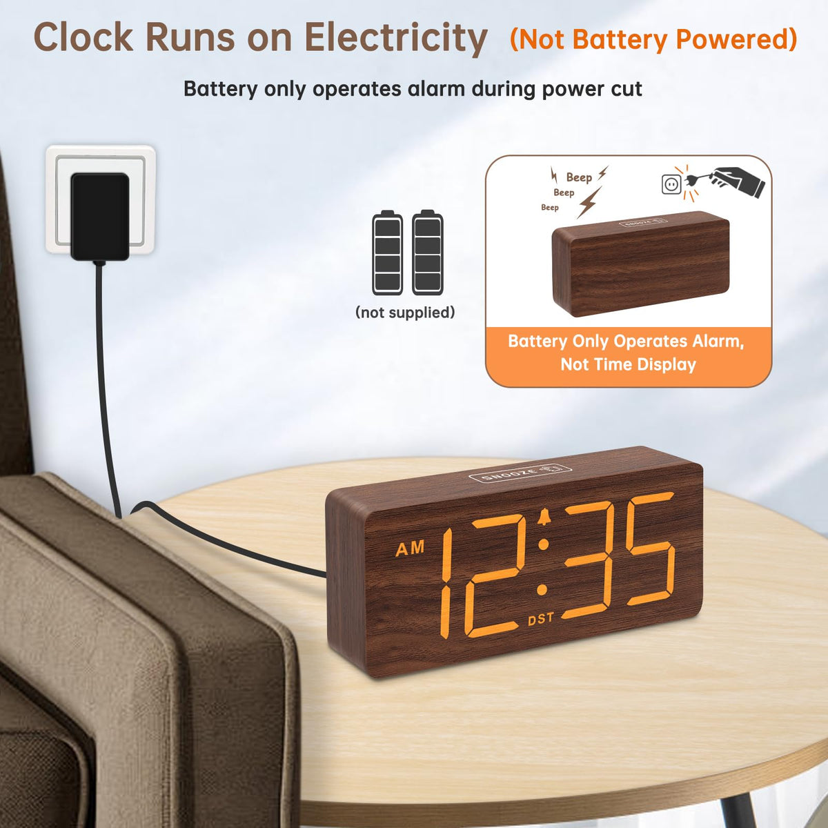DreamSky wooden clock showing dimmer brightness for night use