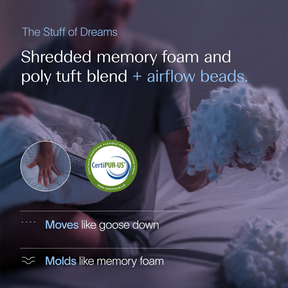 Memory foam fill with gel beads for airflow in DreamyBlue pillow