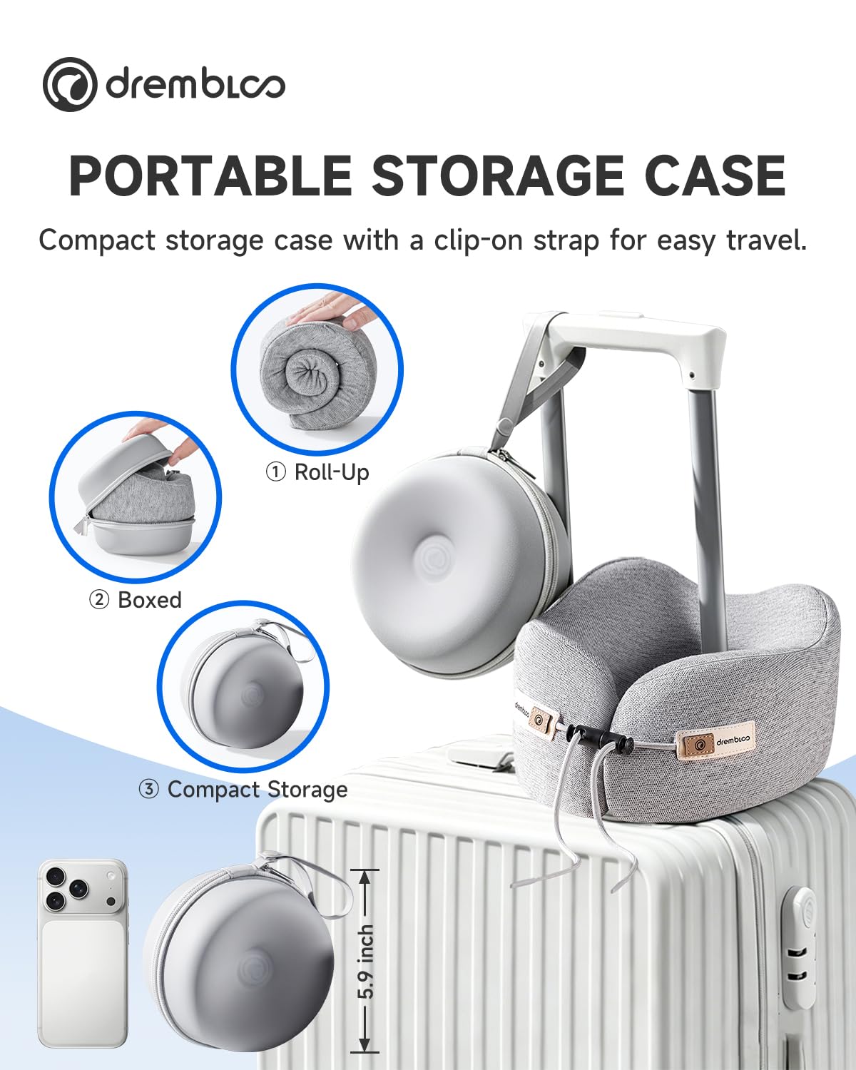 Drembloo airplane pillow case with strap attaches easily to bags