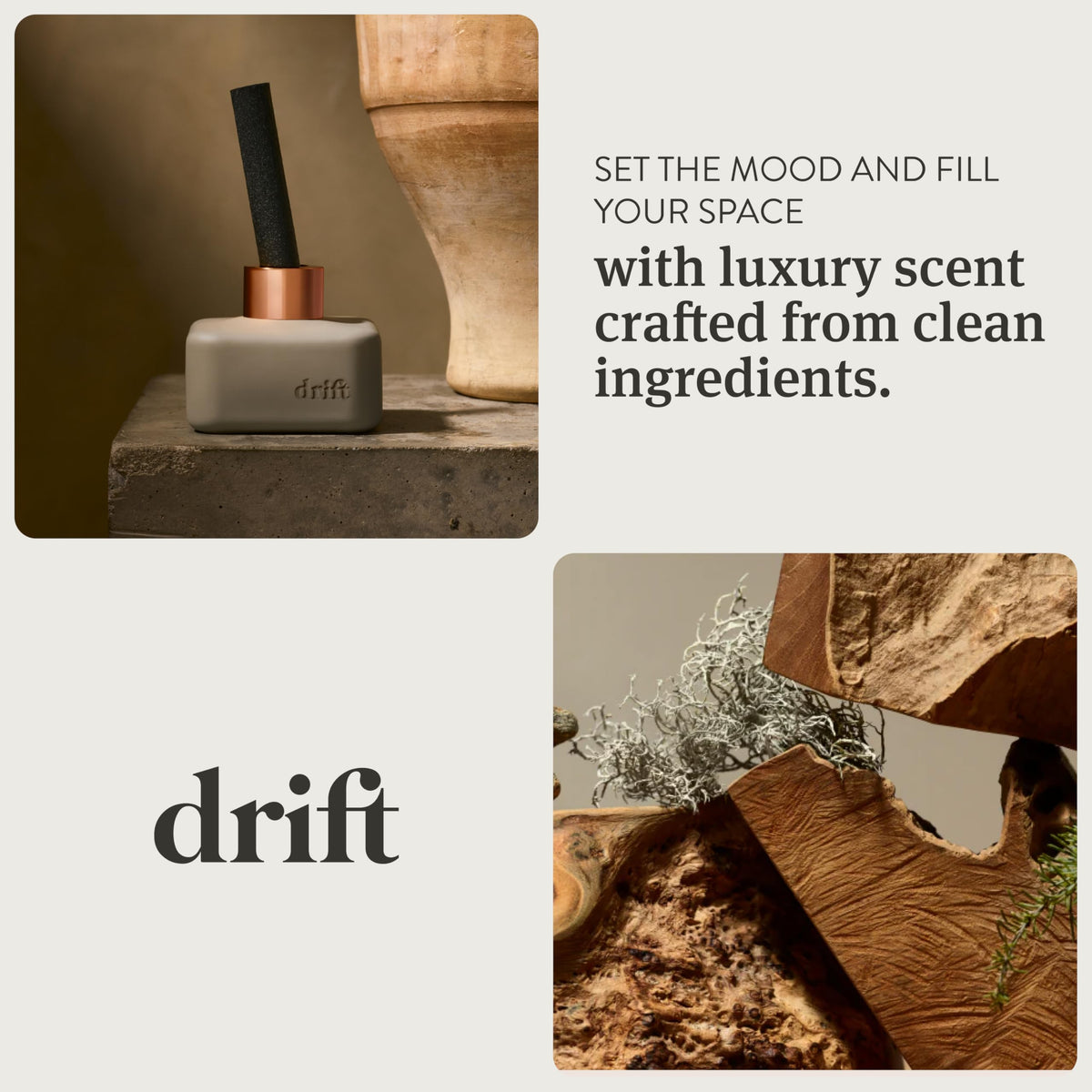 Drift Teak diffuser oversized reed enables easy refreshing of scent.