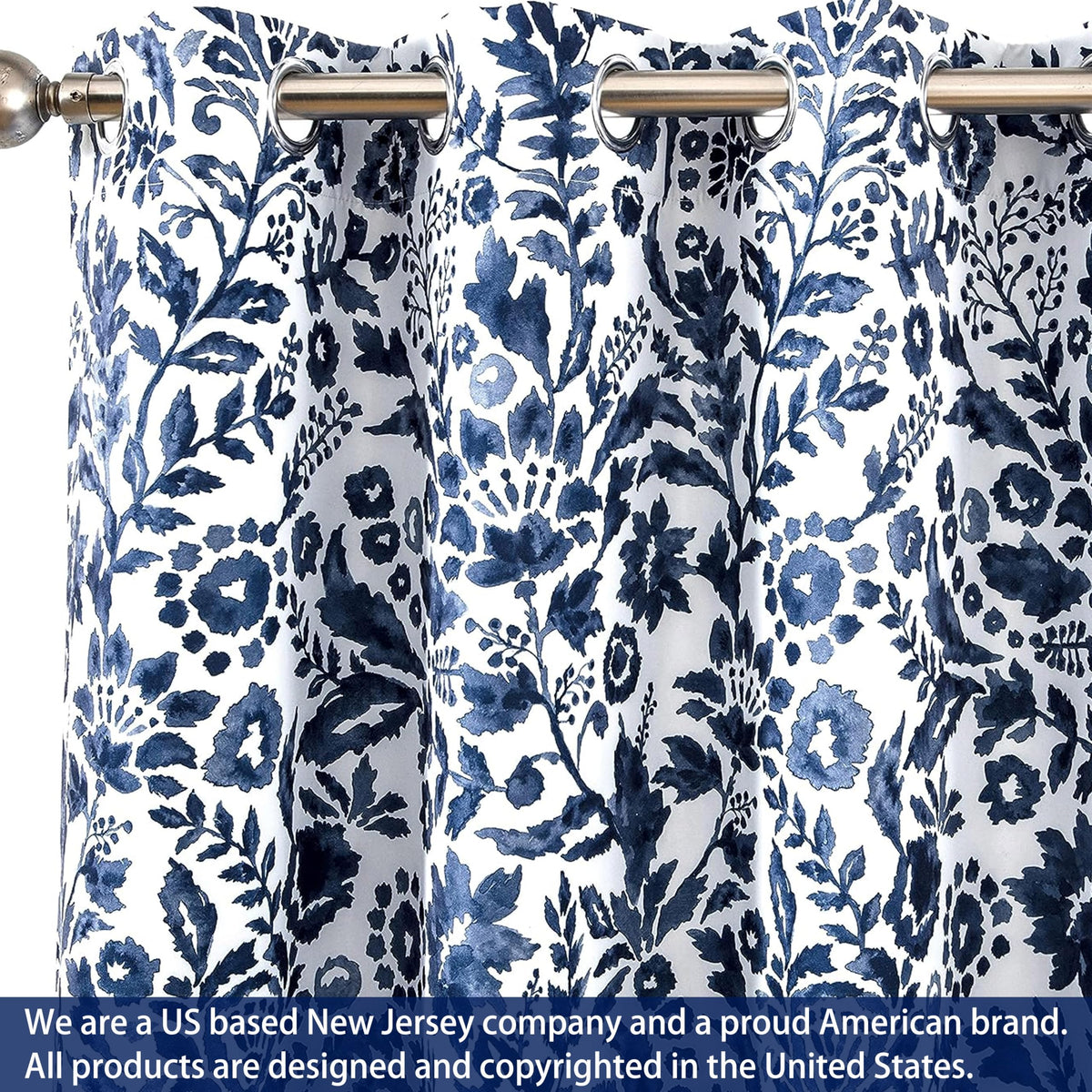 DriftAway Julia blackout curtains navy floral watercolor panel 6 fits apartments with grommet installation