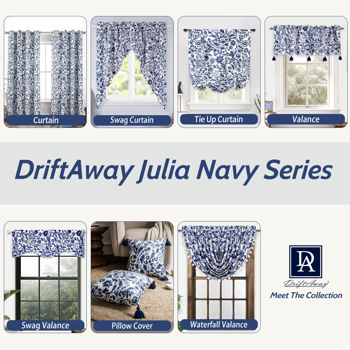 DriftAway Julia blackout curtains navy floral watercolor panel 7 pairs with standard rods for quick setup