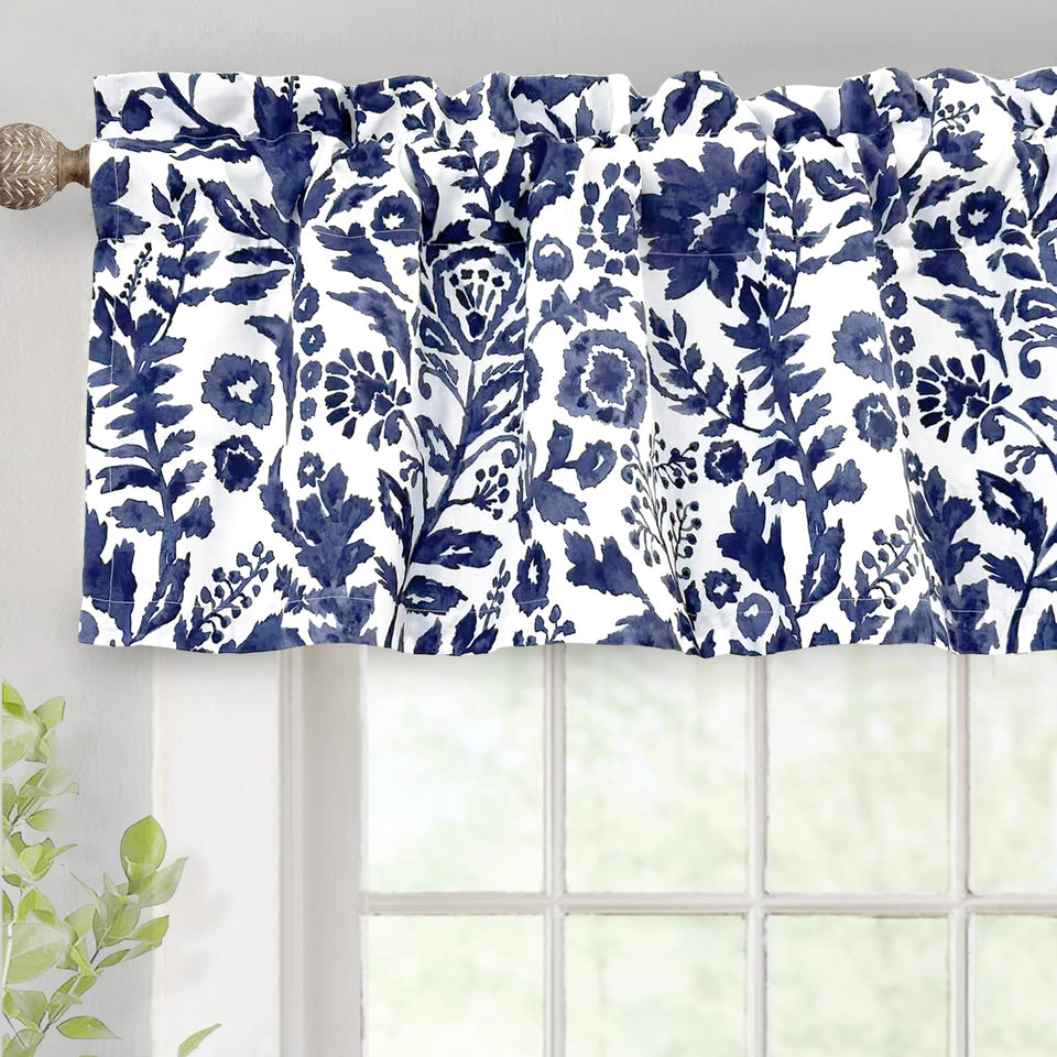 DriftAway Julia valance front view in navy enhances living room ambiance