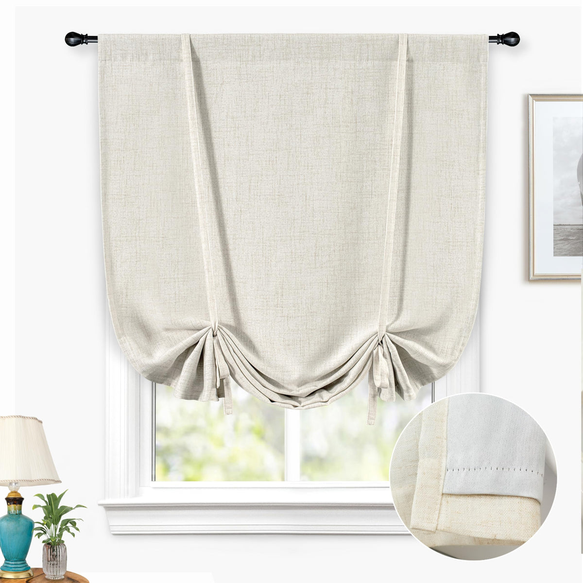 DriftAway linen blackout curtain with tie-up for small windows privacy