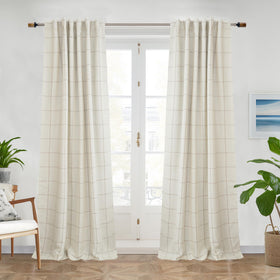 DriftAway windowpane plaid linen curtains texture close-up highlights rich weave and taupe color