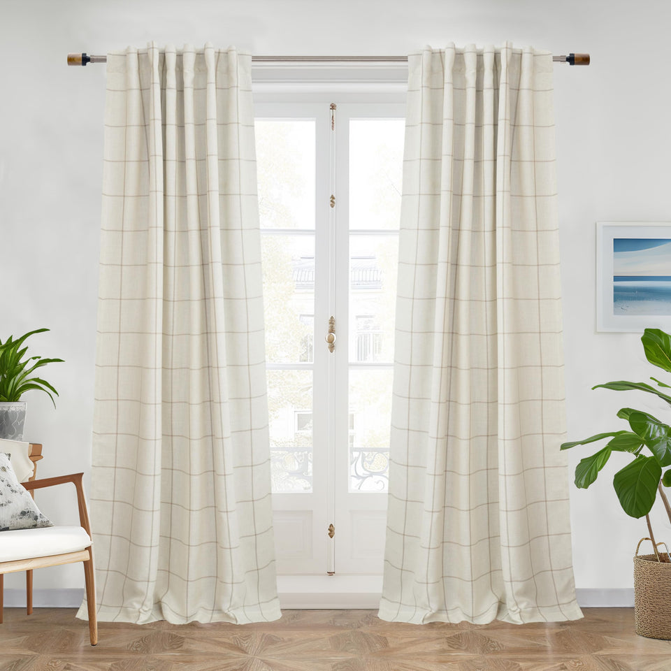 DriftAway windowpane plaid linen curtains texture close-up highlights rich weave and taupe color