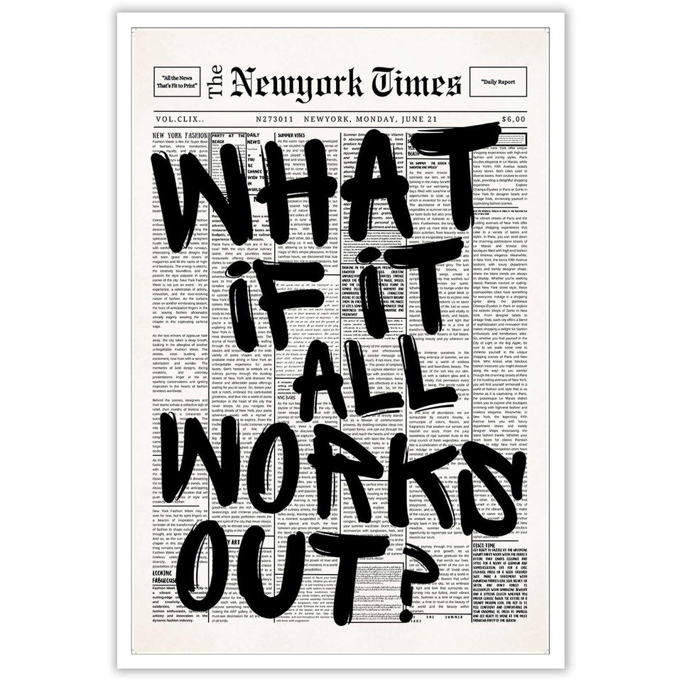 Drimiler retro newspaper poster What If It All Works Out adds minimalist inspiration to any room.