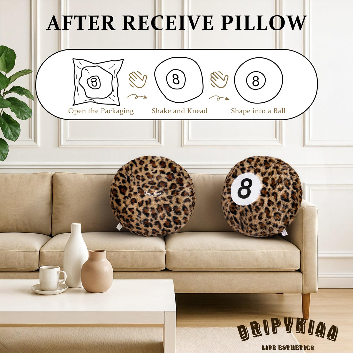 Dripykiaa leopard-print 8ball pillow brings playful style to sofas and chairs.