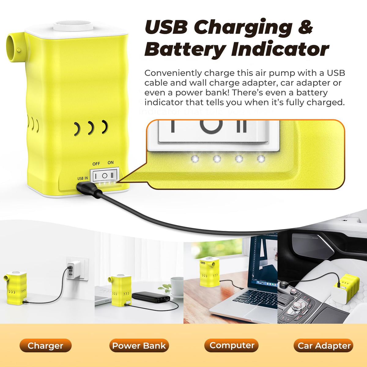 Dr.meter air mattress pump battery indicator shows power level.