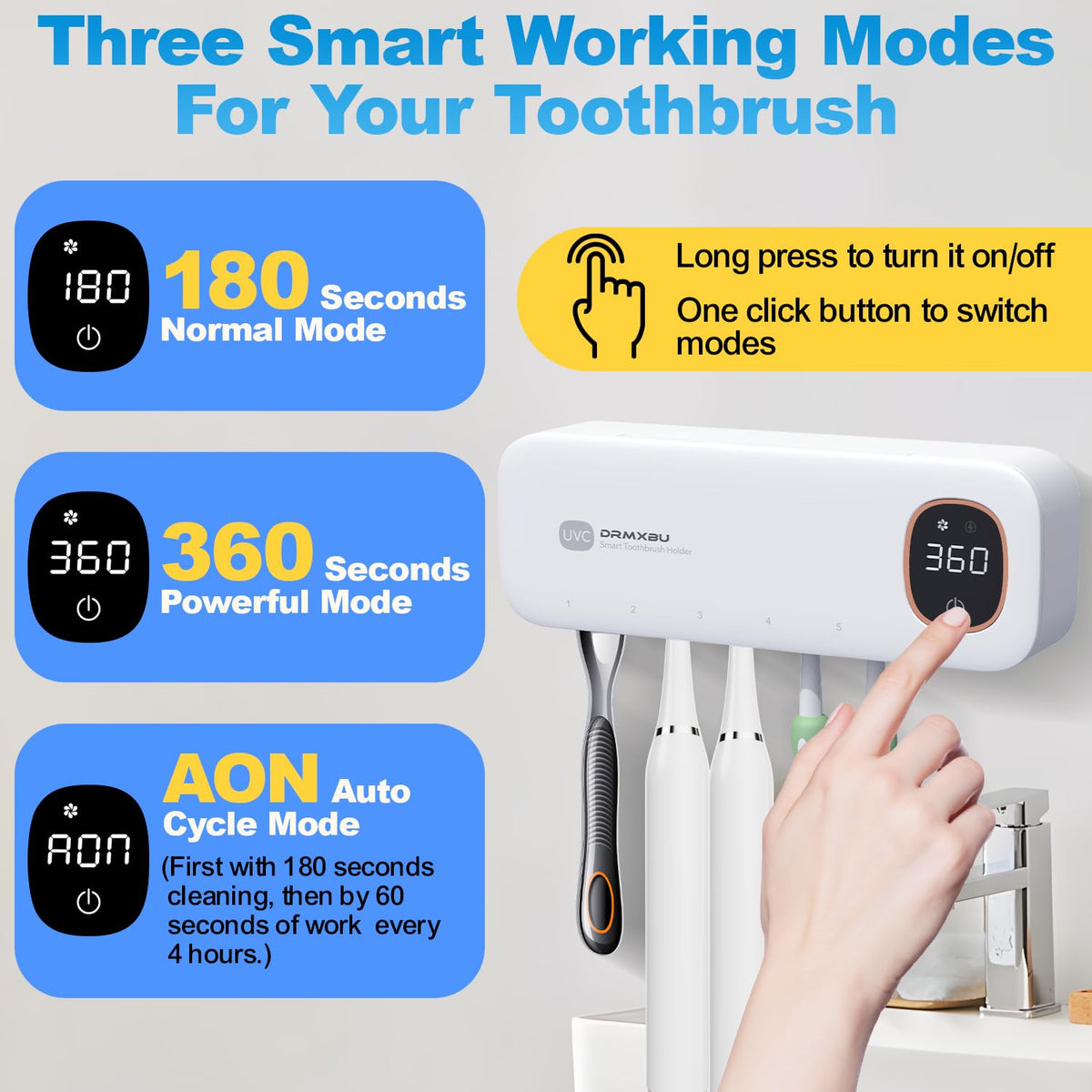 Auto-cycle display on DRMXBU toothbrush holder indicating timed cleaning cycles.