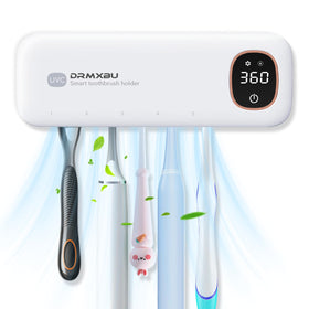 DRMXBU toothbrush sanitizer and holder mounted on wall with five slots, organized and accessible.