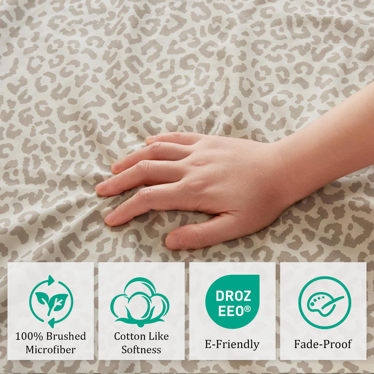 Drozeeo queen leopard bed scene with coordinated beige tones