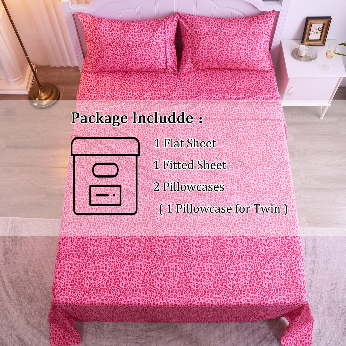 Drozeeo queen sheet 4-piece set includes two pillowcases and a flat sheet.