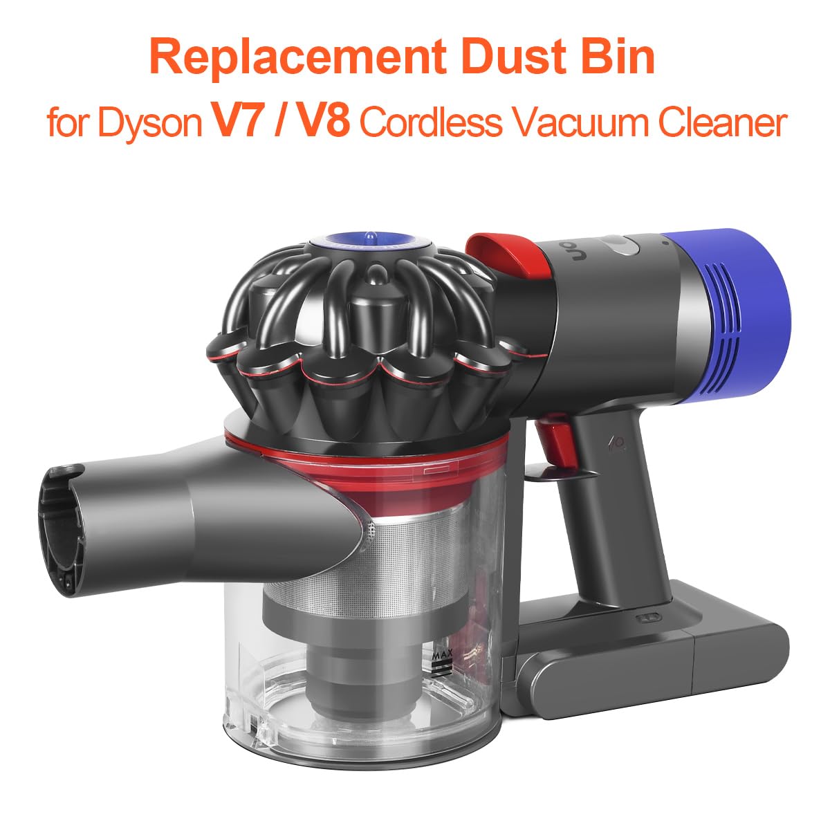 Installation guide image showing quick swap for Dyson V7/V8 dust bin