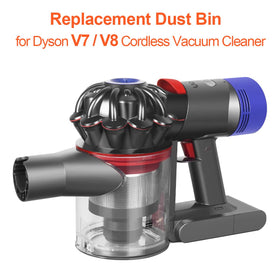Installation guide image showing quick swap for Dyson V7/V8 dust bin