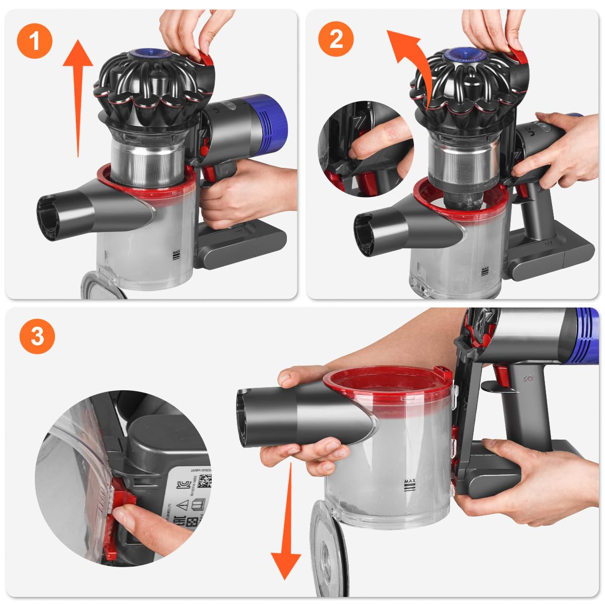 Easy swap demonstration of DrRobor dust bin on Dyson V7/V8