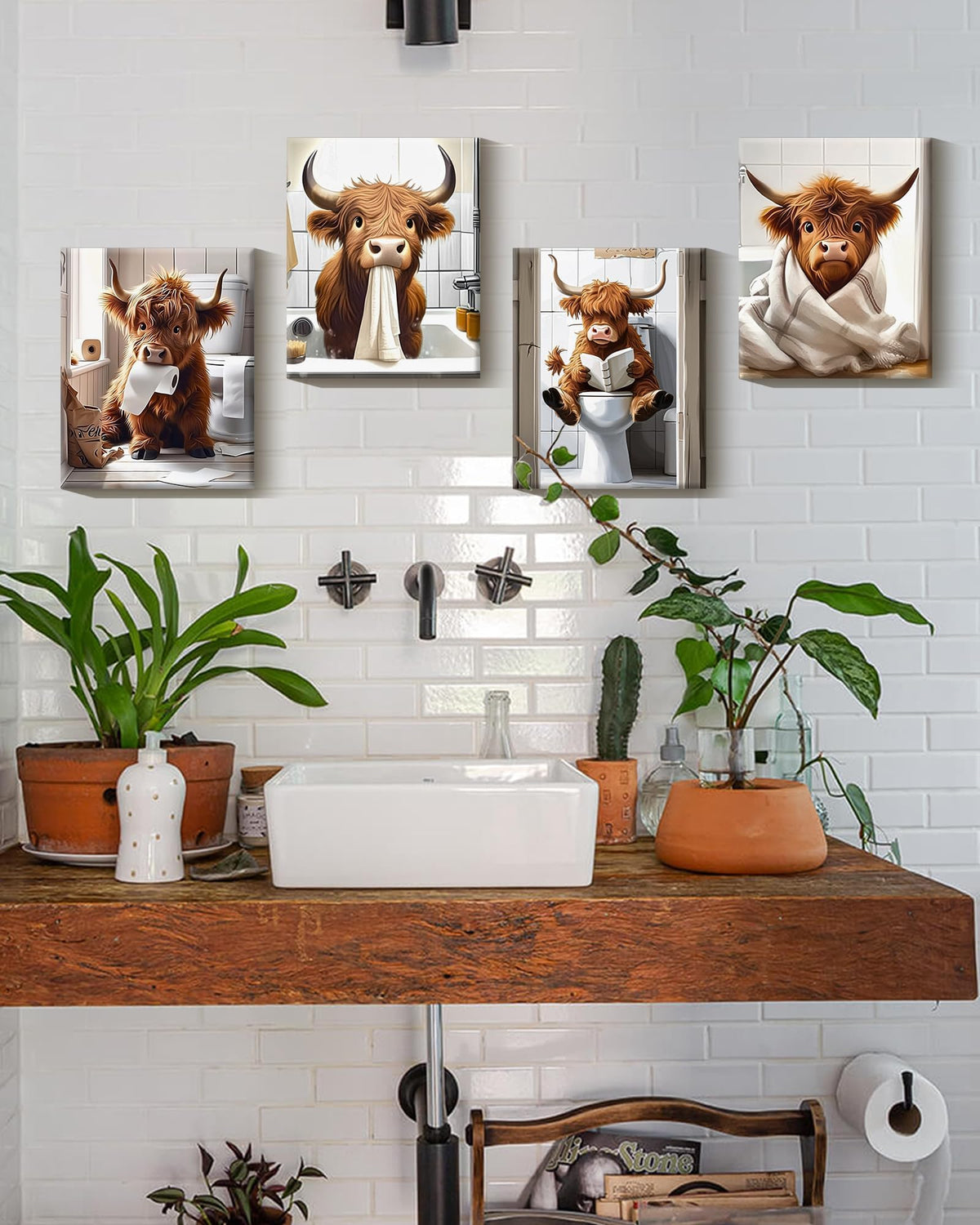 Drsoum Highland Cow framed print with retro backgrounds enhances bathroom mood