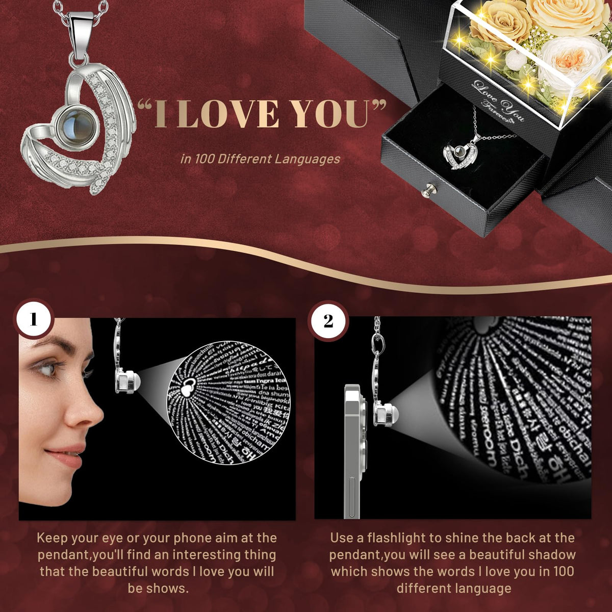 DRTINA I Love You necklace in 100 languages hidden inside the box.