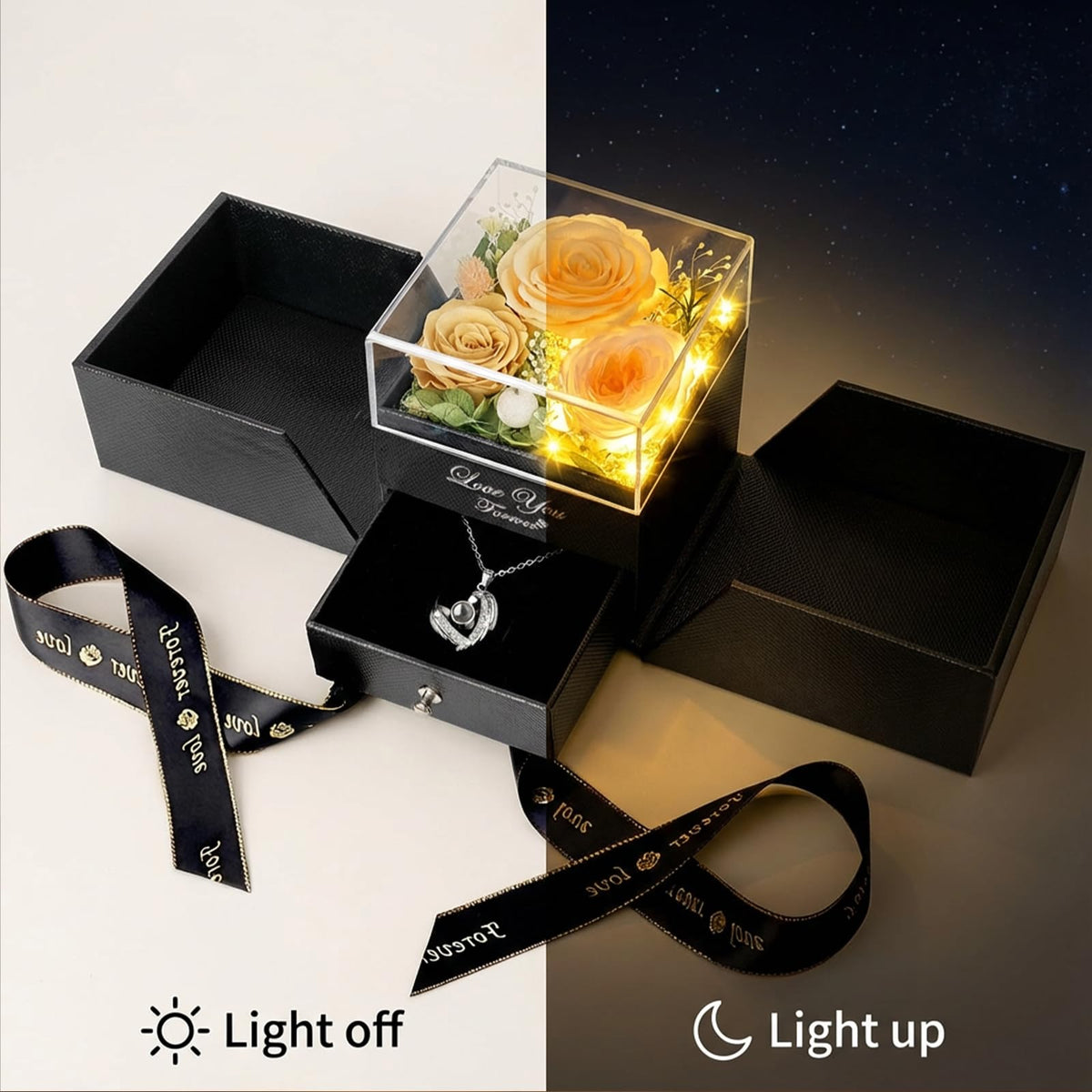 DRTINA romantic nightstand setup featuring illuminated rose centerpiece.