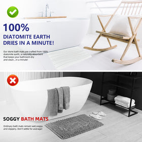 Drvykkn fast-drying stone bath mat on tile floor demonstrates quick water evaporation for a drier bathroom.