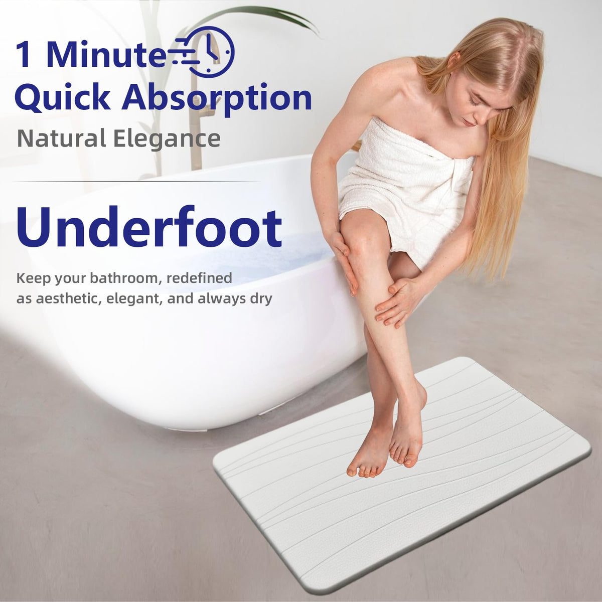 Drvykkn stone bath mat in modern bathroom showcases dry feet after a shower.