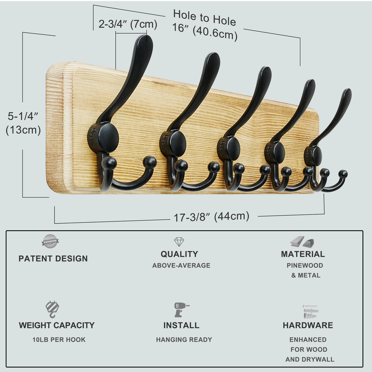 Dseap black finish wall hanger adds contrast and practical storage.