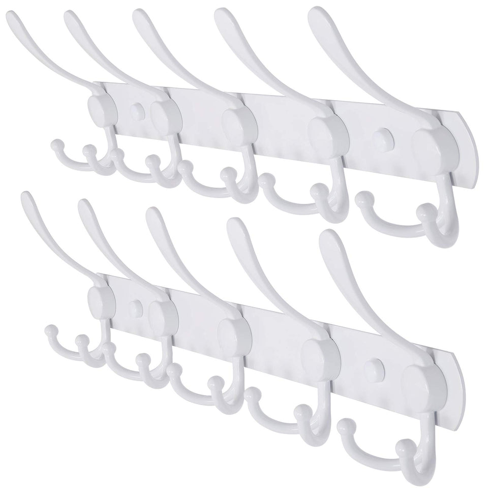 Dseap wall-mounted coat rack with 5 tri hooks in white for space-saving organization.