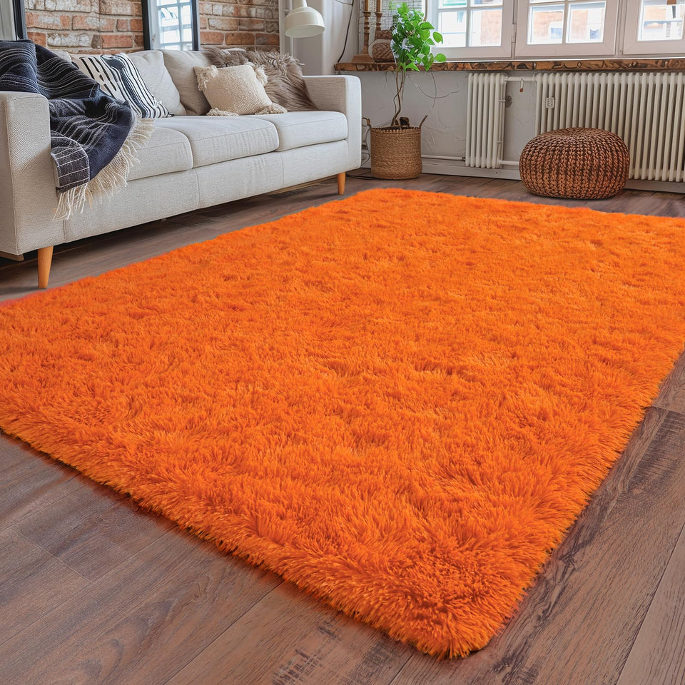 Dssimo orange fluffy area rug on bedroom floor adds warmth and coziness