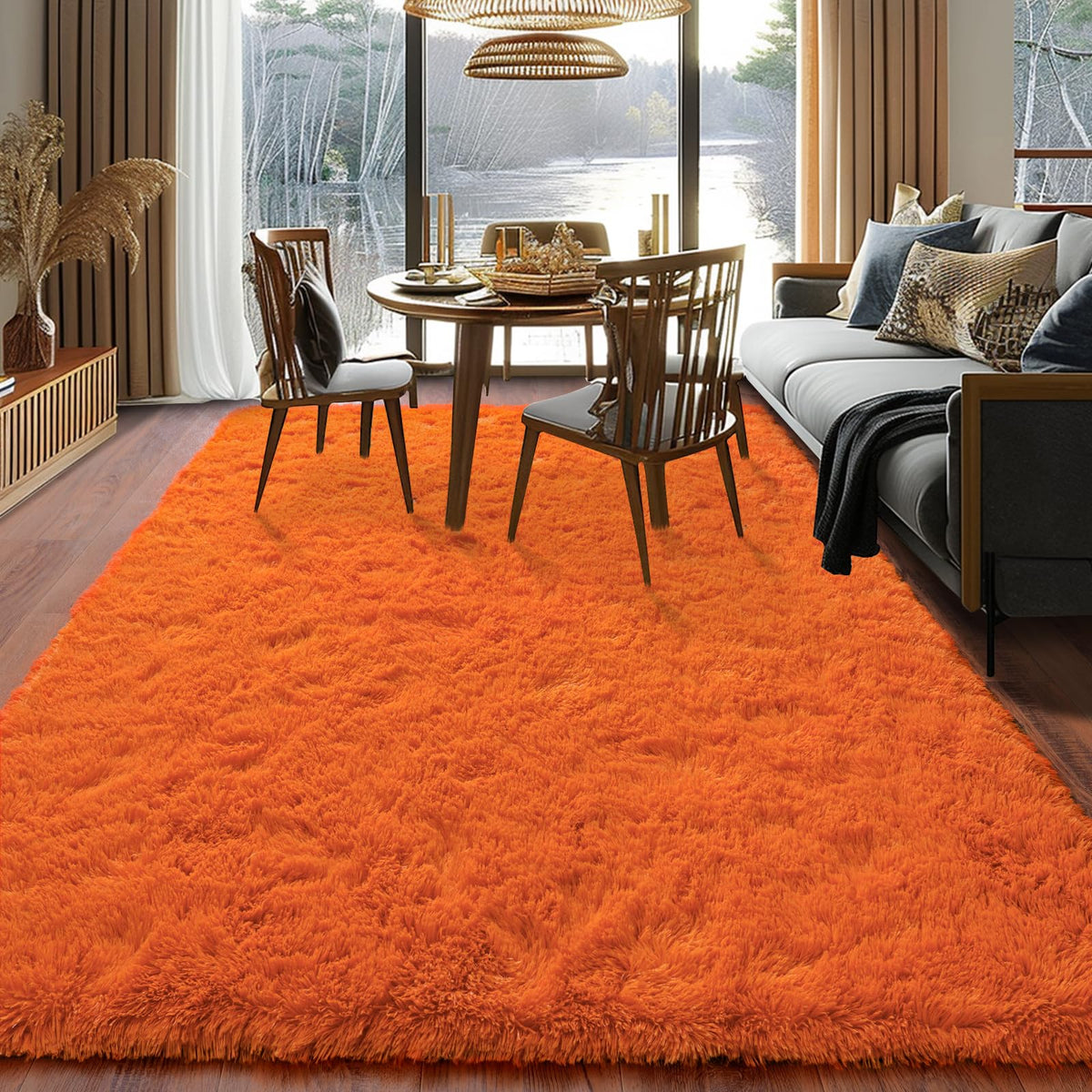 Dssimo orange fluffy area rug anchors living room with coziness