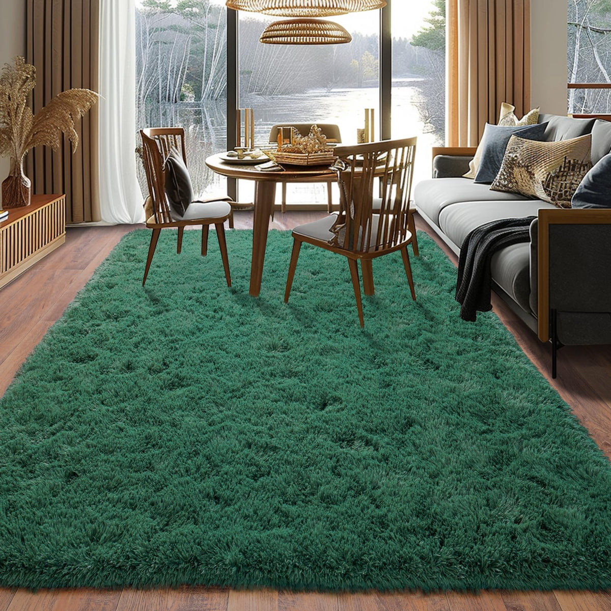 Dssimo green decor rug blends with modern rooms and softens spaces.