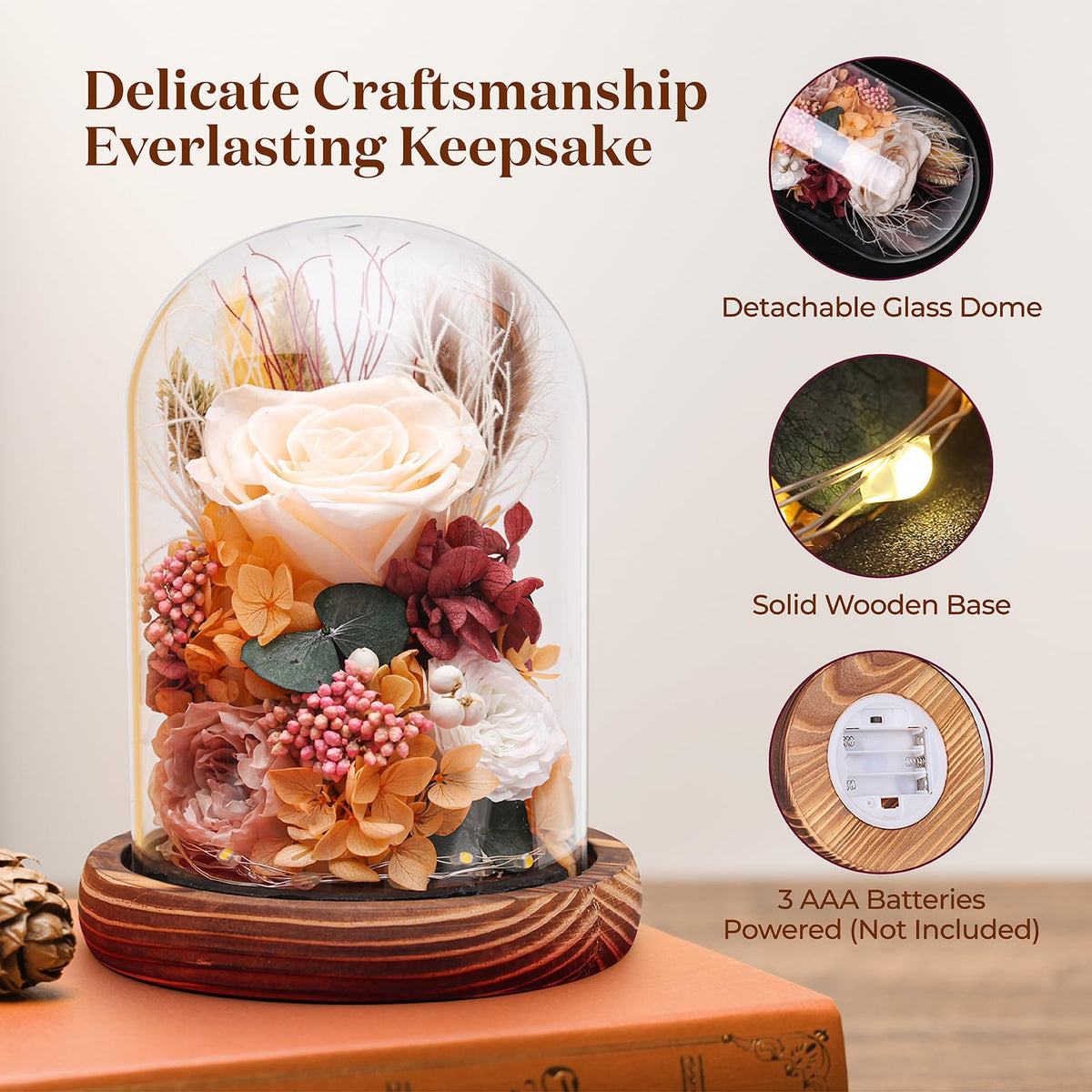 Dsuto artisan glass dome centerpiece on wooden base highlighting handcrafted detail