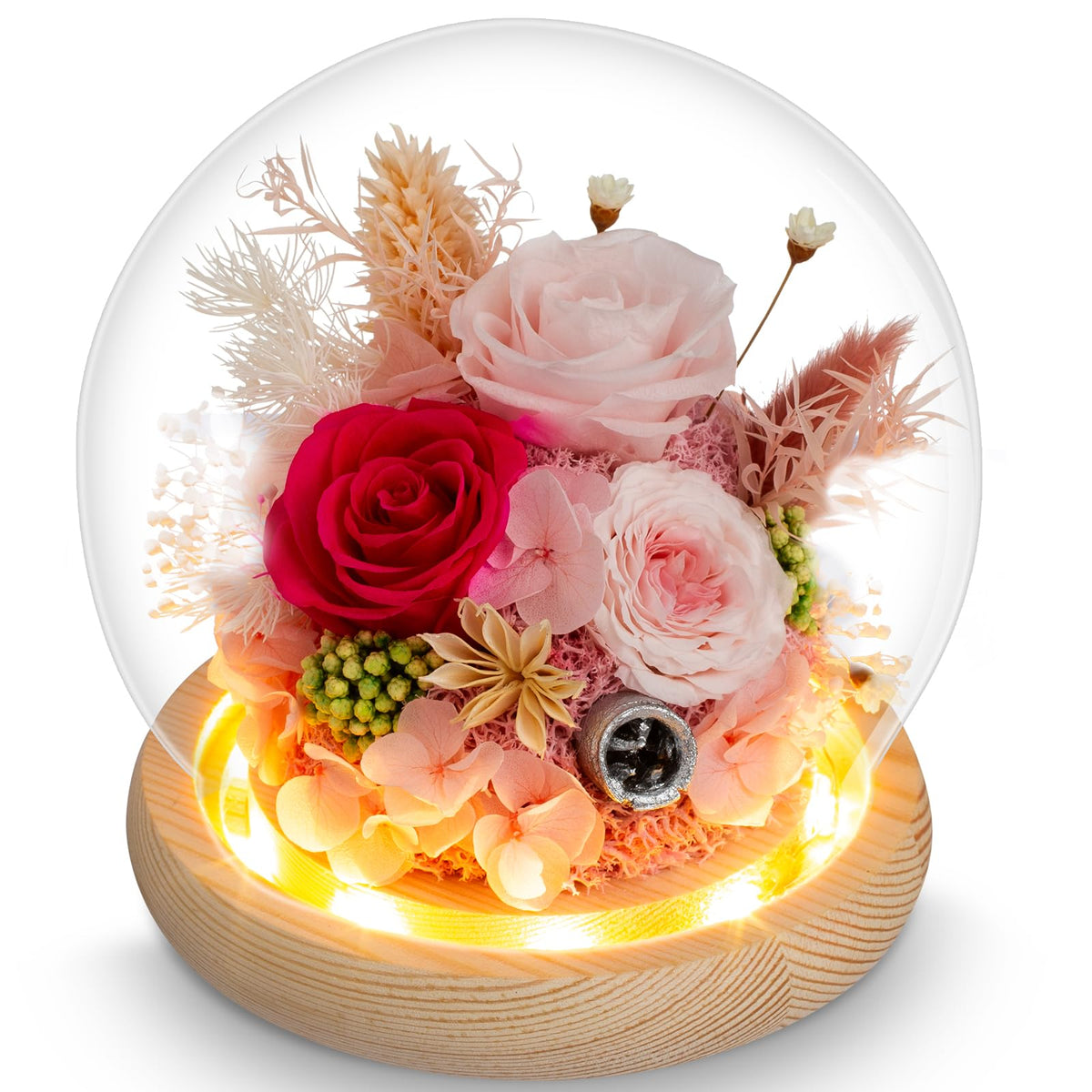 Dsuto Mother's Day pink flower gift with preserved roses in a glass dome, lasting keepsake.