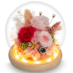 Dsuto Mother's Day pink flower gift with preserved roses in a glass dome, lasting keepsake.