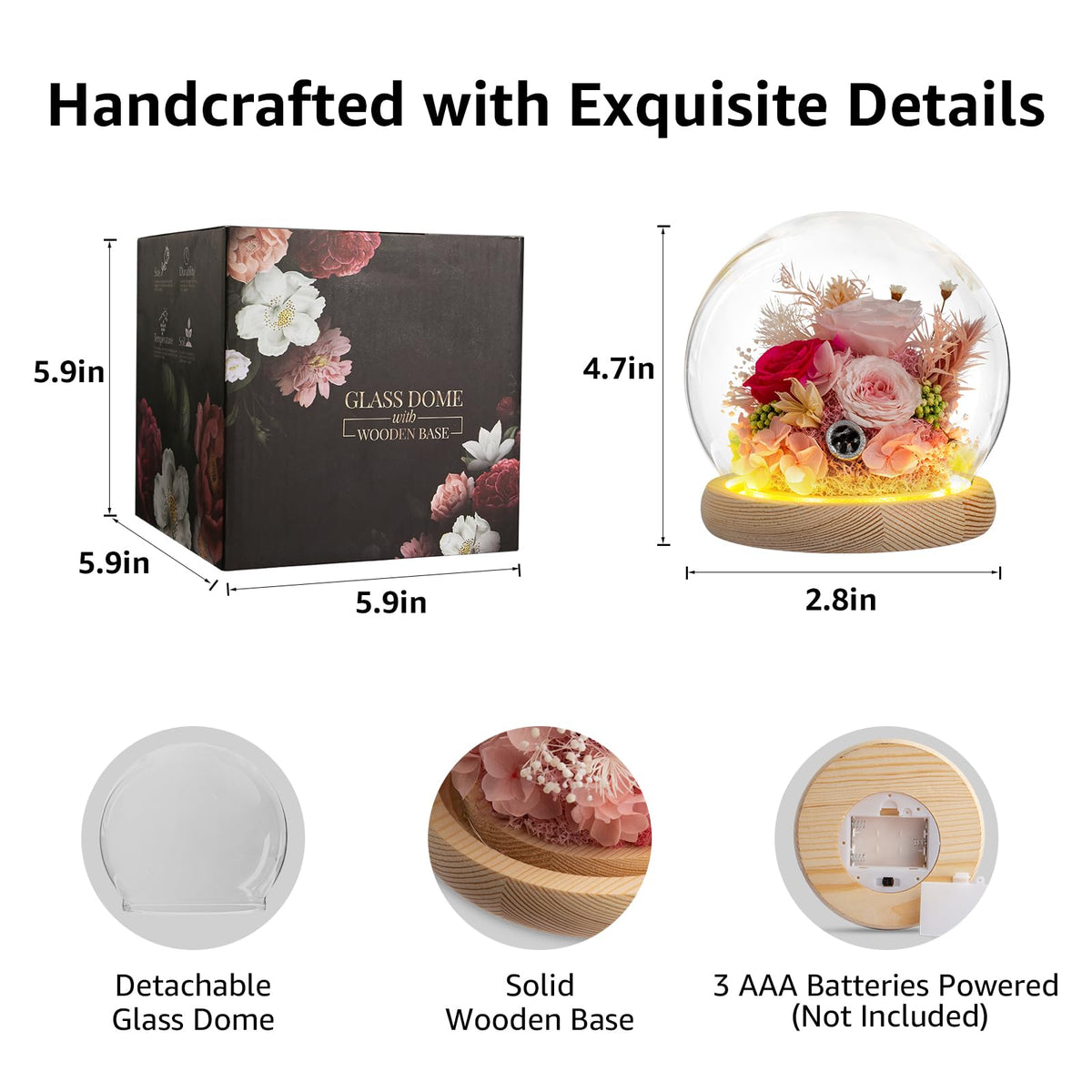 Dsuto rose in glass dome on wood base enhances shelves.