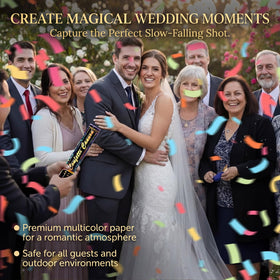 DSYSMIN outdoor wedding confetti cannon with slow-falling rainbow confetti.