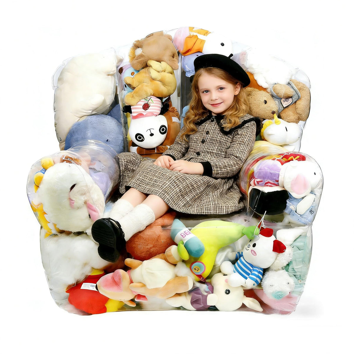 DTXFCER clear stuffed animal bean bag chair cover with toys visible for quick selection